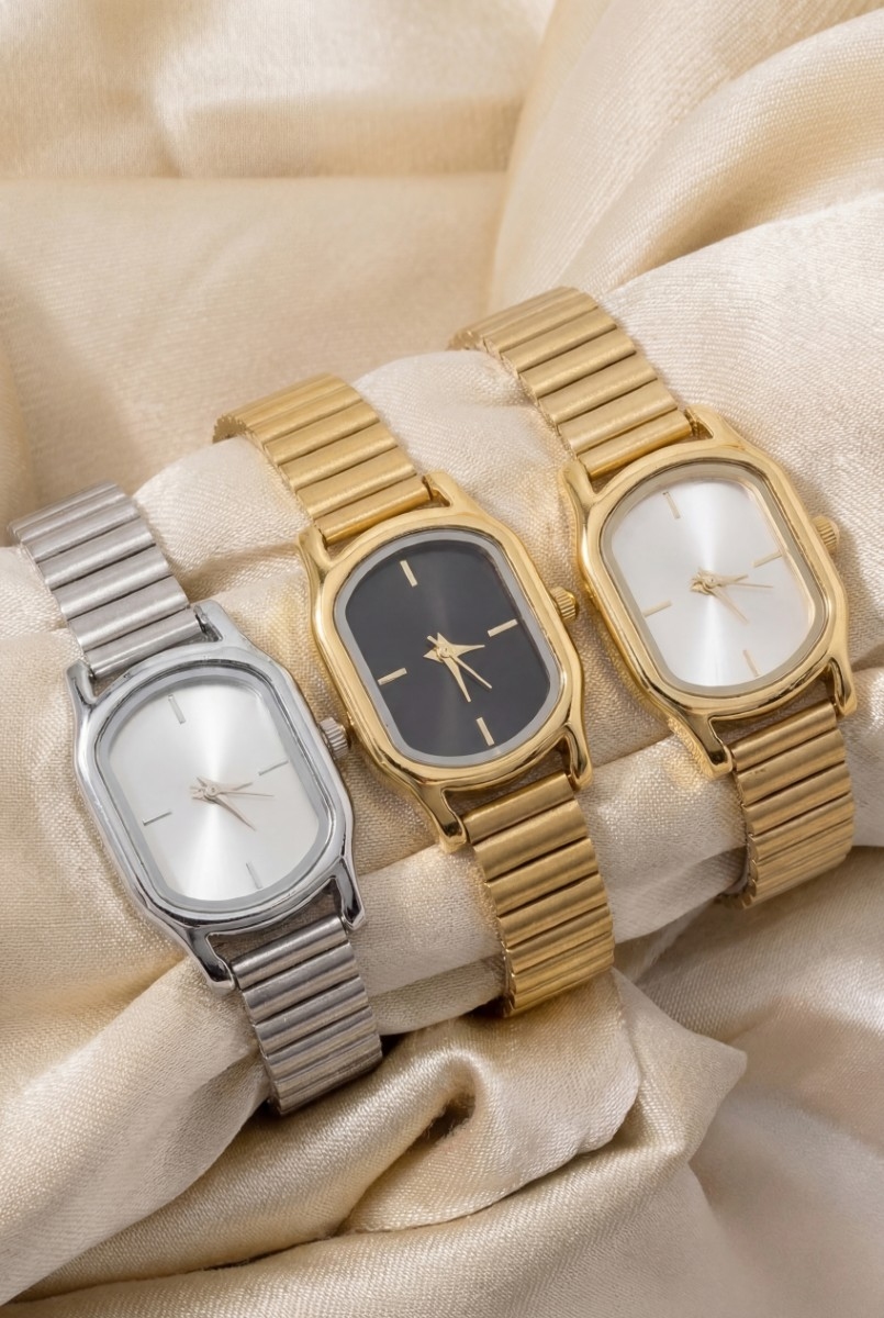 Ribbed Cushion Metallic Band Minimalist Rectangle Watch