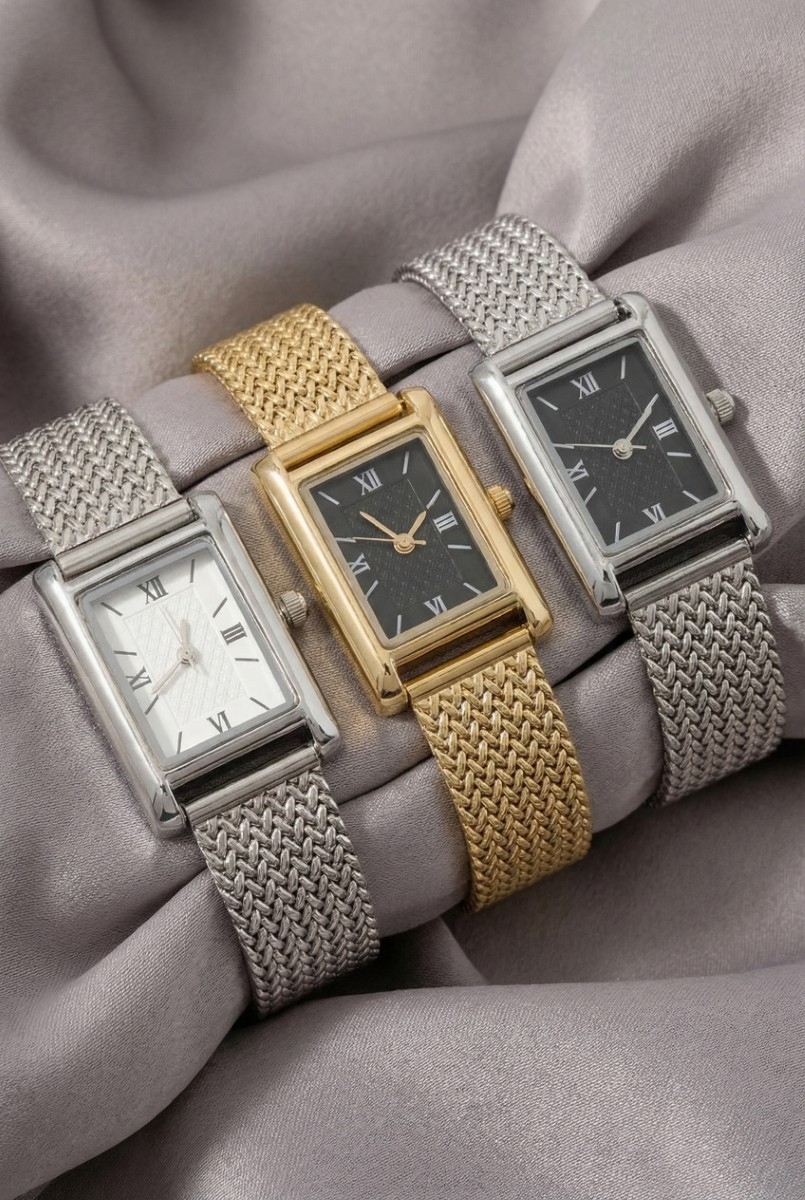 Woven Metallic Mesh Band Rectangle Watch