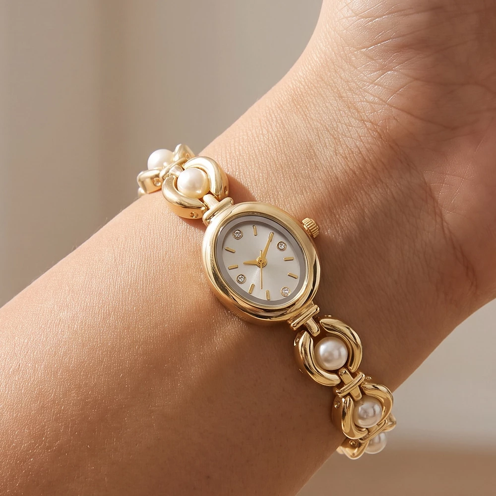 Oval Case Circle Link Watch With Pearl Accents