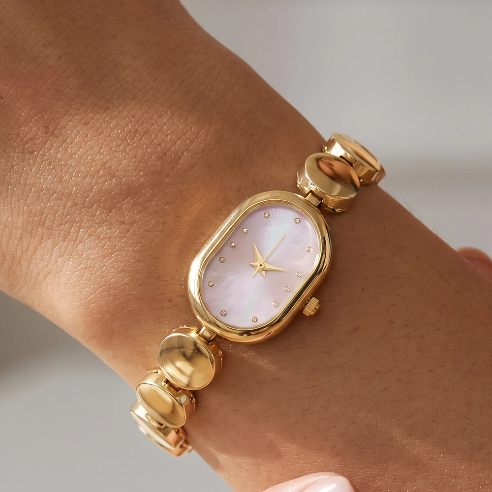 Oval Case Puffed Disc Link Bracelet Watch