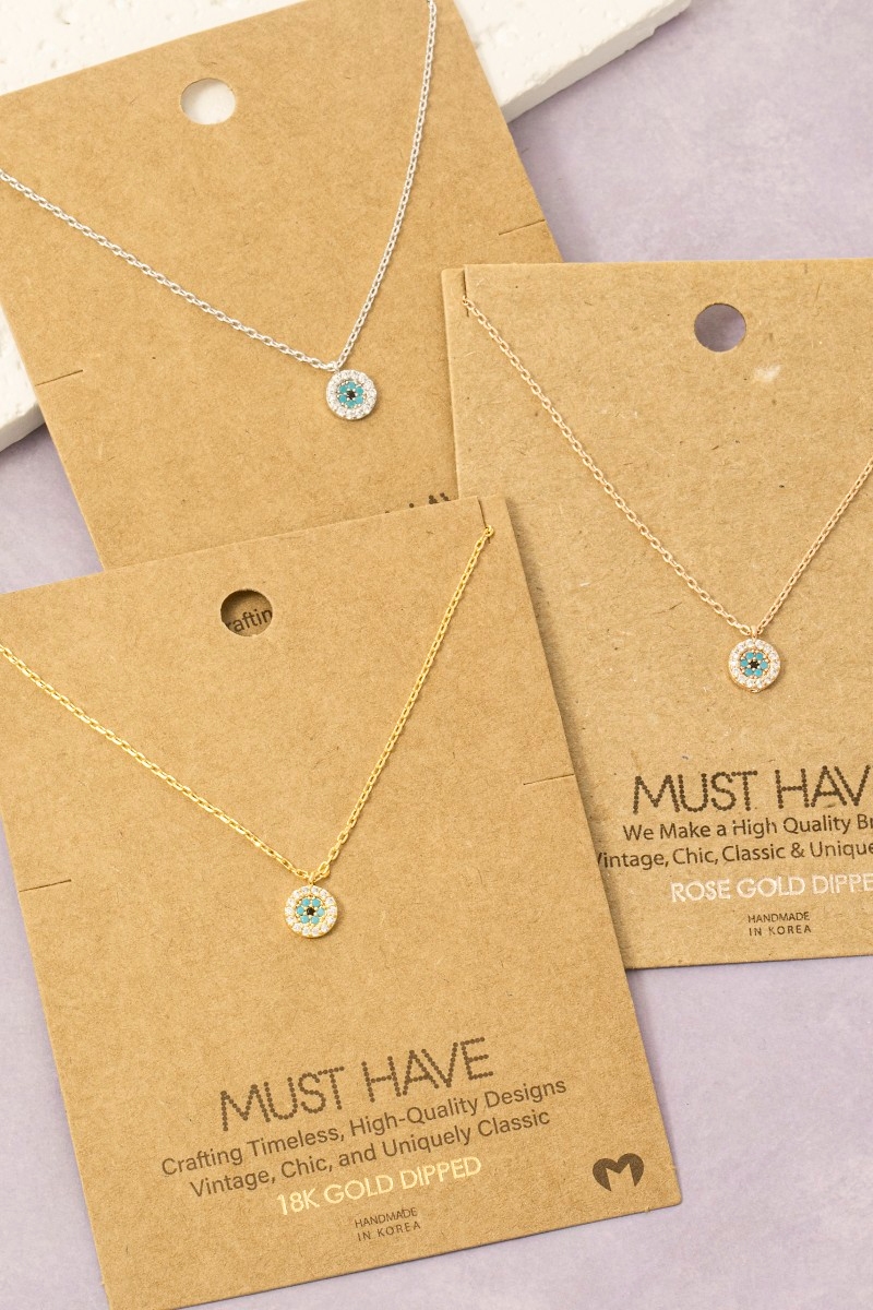 Gold Dipped Cz Trim Evil Eye Coin Necklace