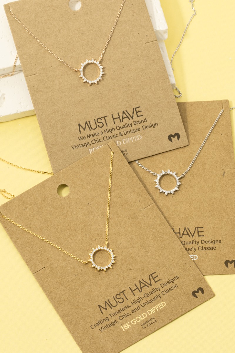 Gold Dipped Pave Circle Sun Pendant Necklace