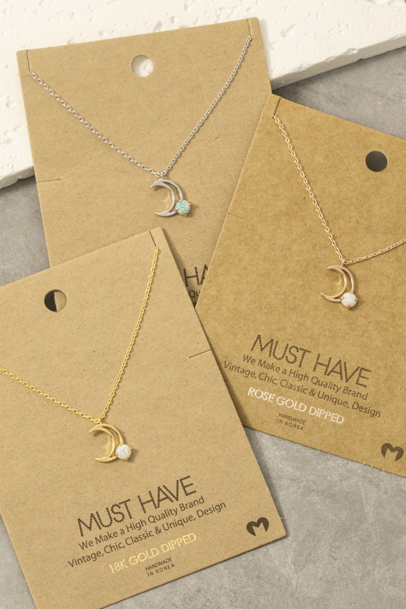 Crescent Moon Cutout Opal Pendant Necklace