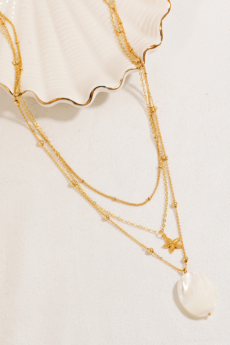 Oval Shell Pendant Layered Chain Necklace