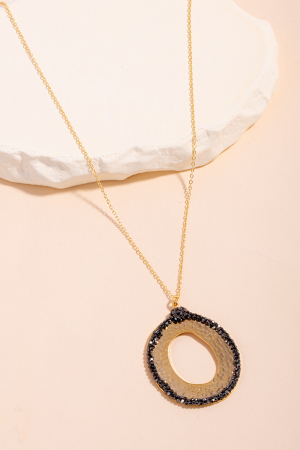 Pave Studded Hammered Flat Hoop Pendant Necklace