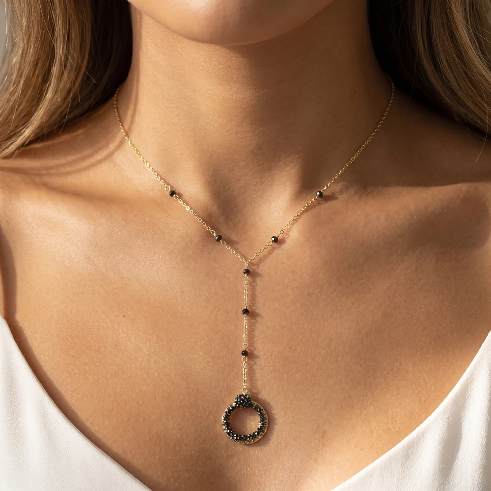 Crystal Bead Station Pave Circle Y Necklace