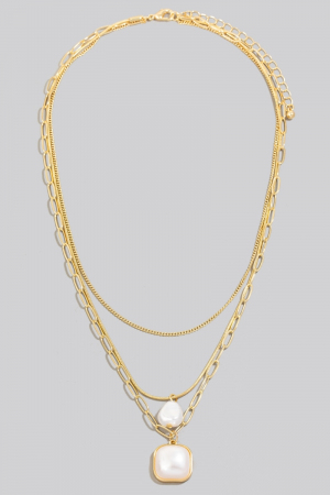 Double Pearl Pendant Layered Chains Necklace