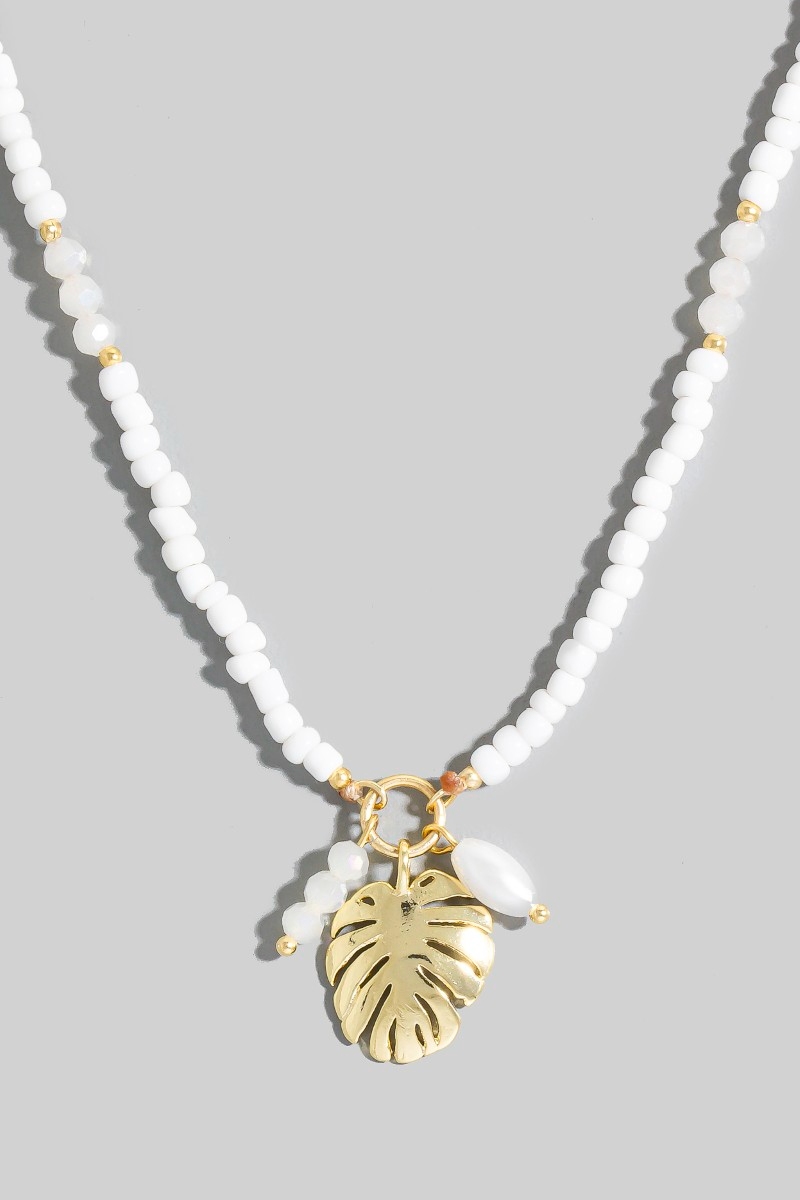 Monstera Leaf Pendant Mixed Beaded Necklace