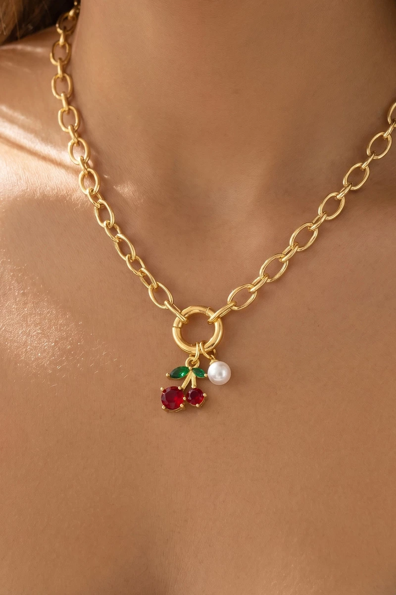 Cherry Leaf And Pearl Drop Pendant Necklace