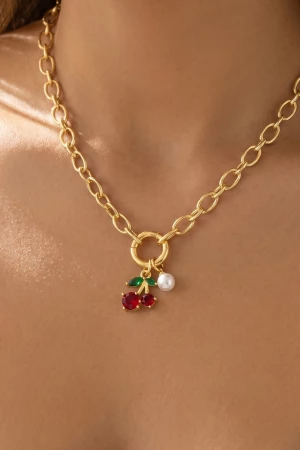 Cherry Leaf And Pearl Drop Pendant Necklace