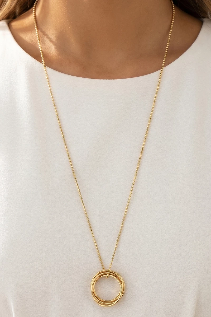 Ball Chain Triple Interlocked Ring Pendant Necklace