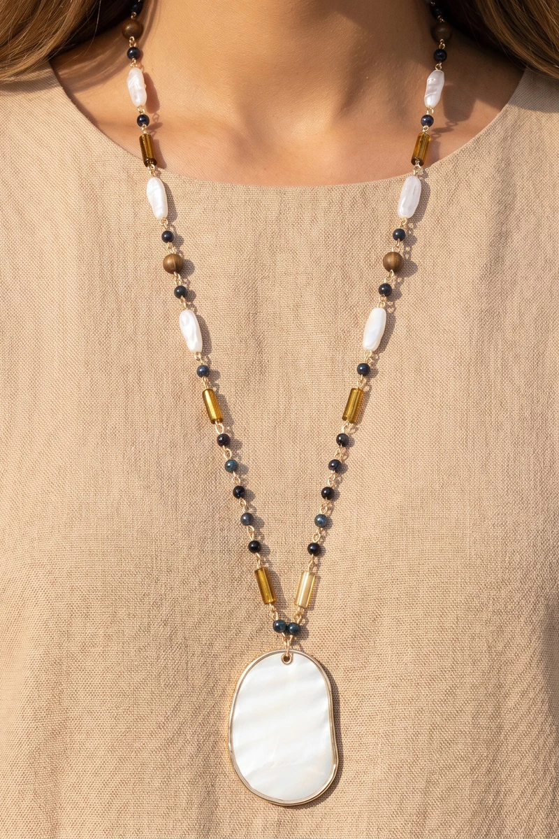 Mother Of Pearl Pendant Multi Bead Necklace