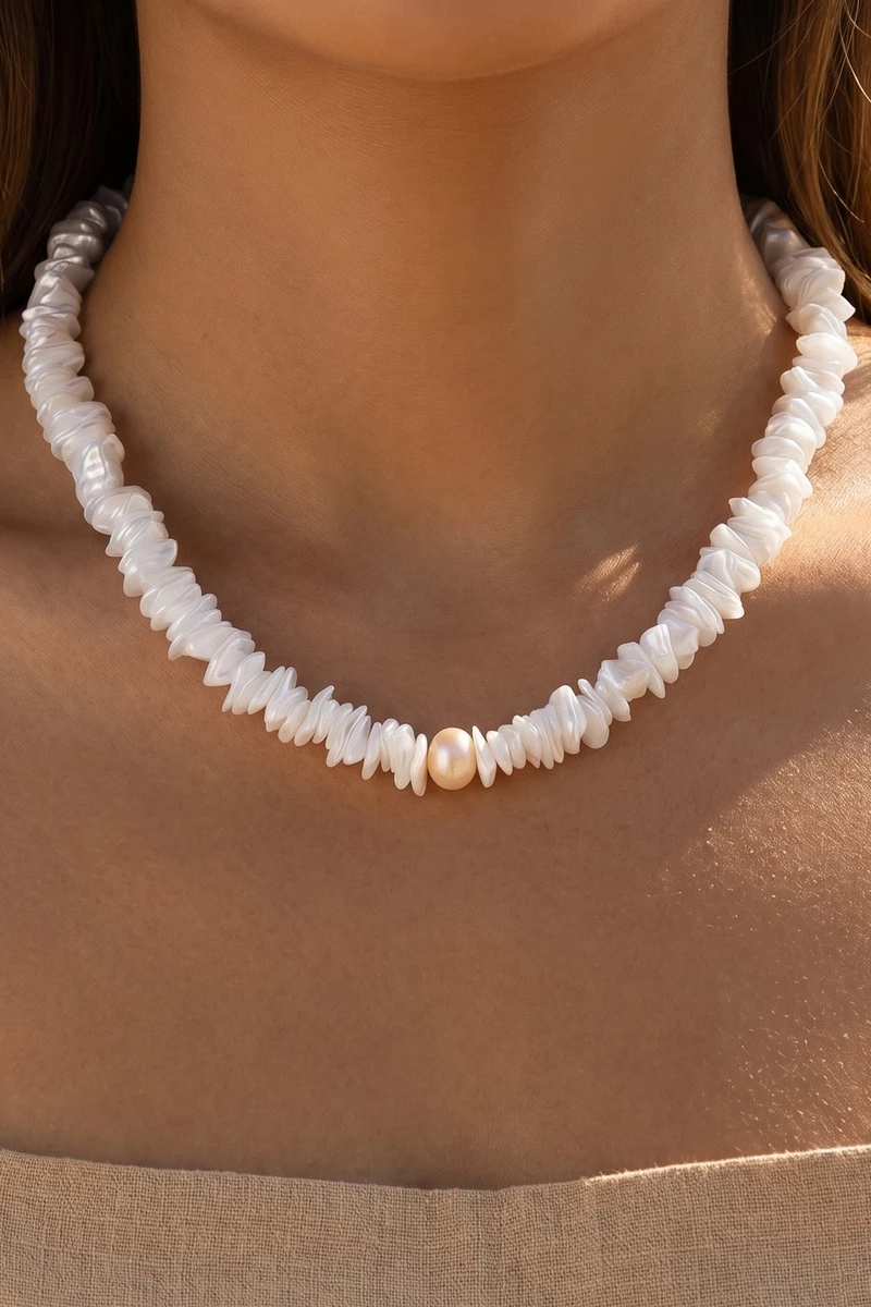 Shell Chip Bead Strand With Pearl Necklace
