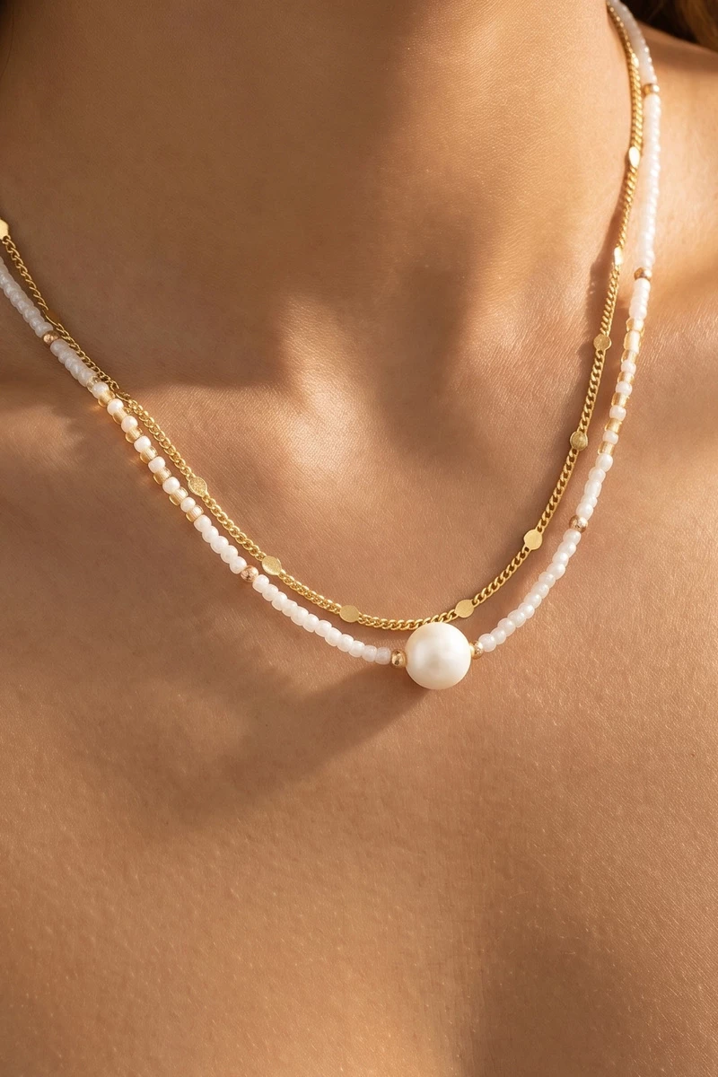 Double Strand Seed Bead And Pearl Station Necklace