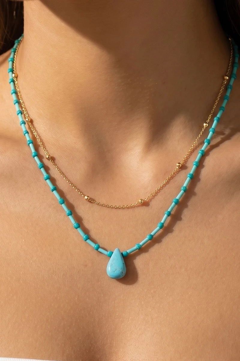 Double Strand Turquoise Bead Pendant Necklace