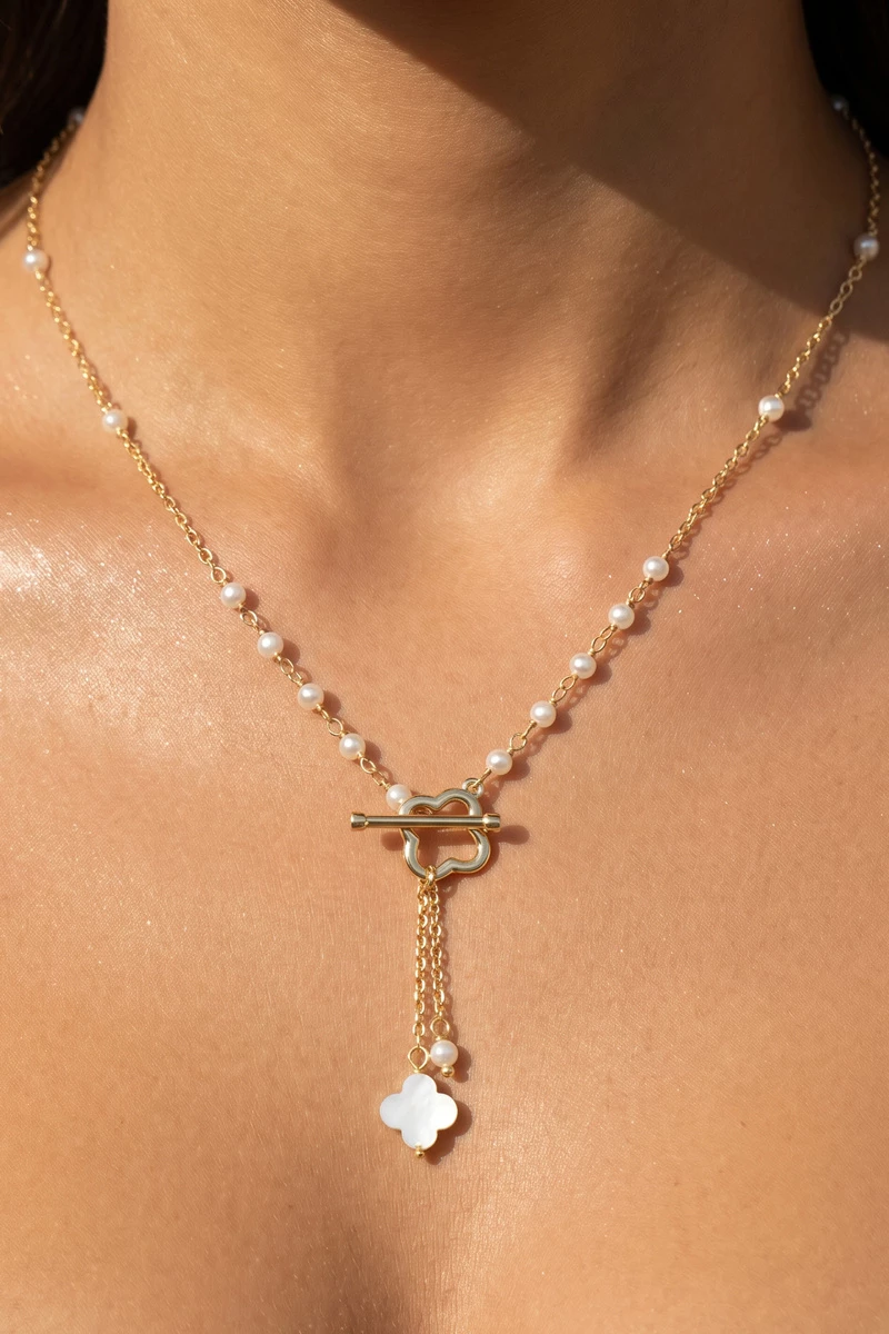 Pearl Station Chain Clover Lariat Necklace