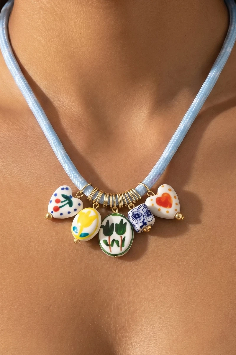 Ceramic Floral Charm Cluster Rope Cord Necklace