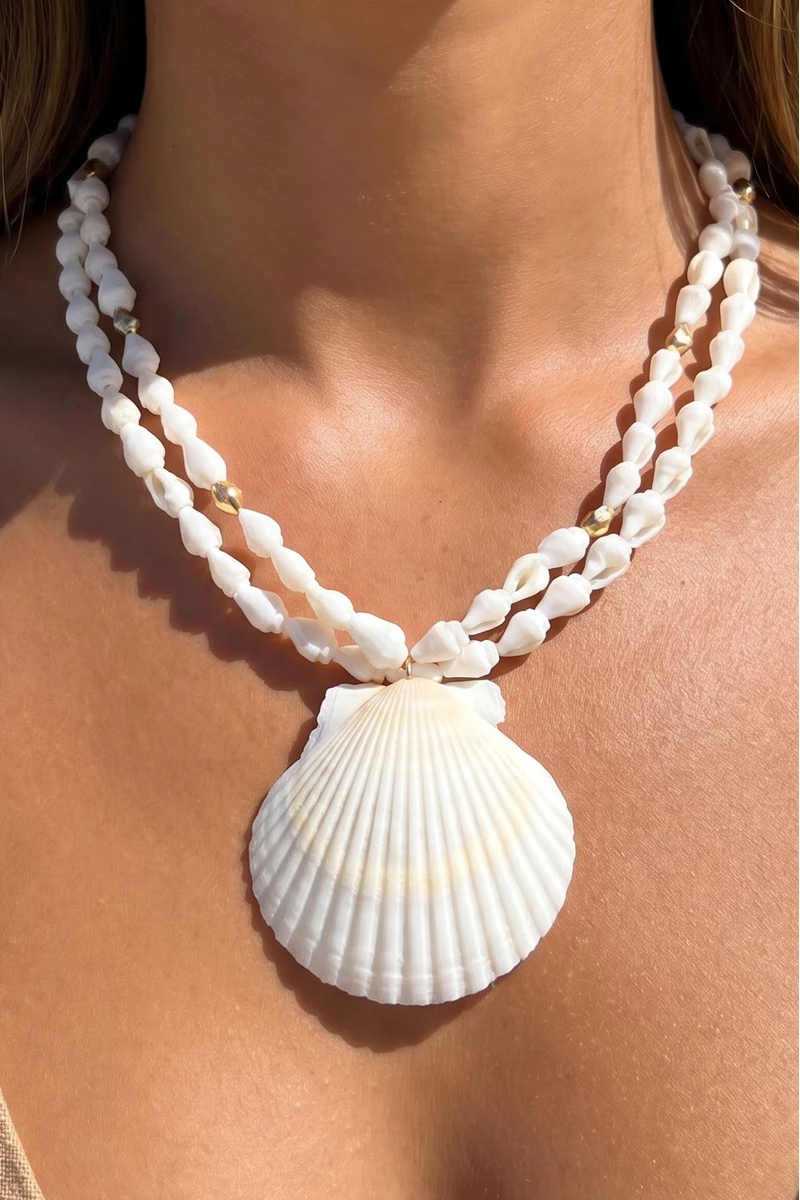 Large Sea Shell Pendant Double Strand Bead Necklace