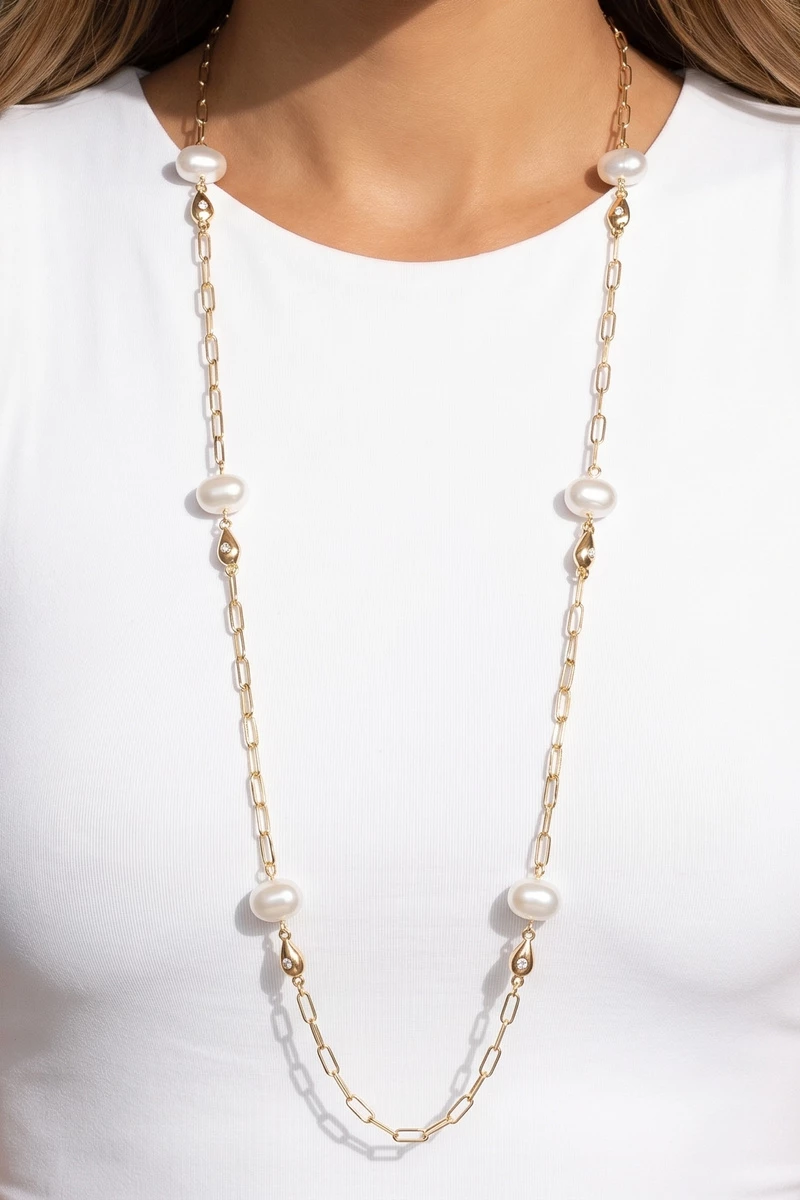 Long Paperclip Chain Pearl Station Necklace