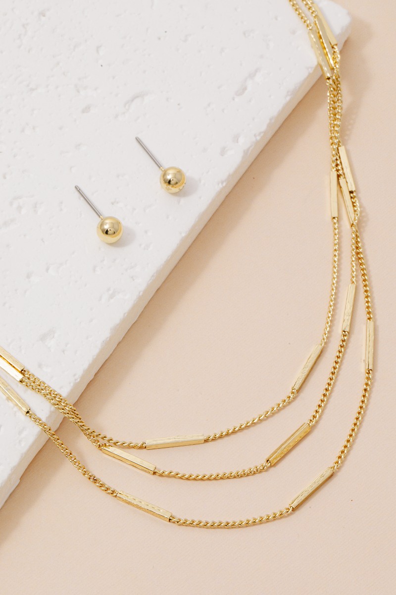 Gold Dipped Layered Bar Station Classic Chain Necklace Set