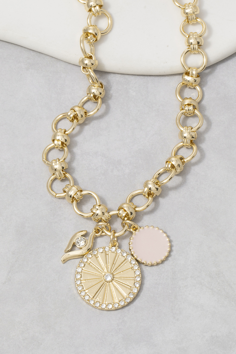 Multi Charm Cz Medallion Rolo Chain Necklace