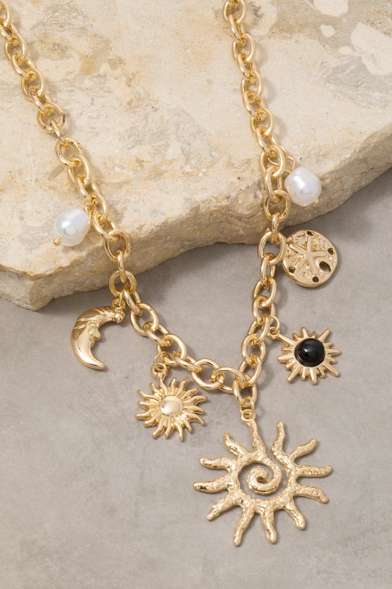 Mixed Sun And Pearl Charms Chain Necklace