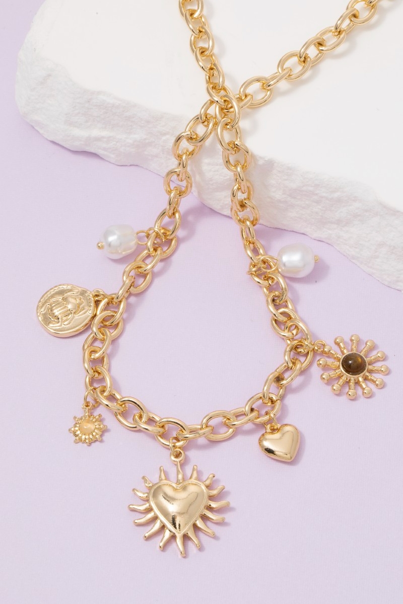Mixed Heart And Pearl Charms Chain Necklace