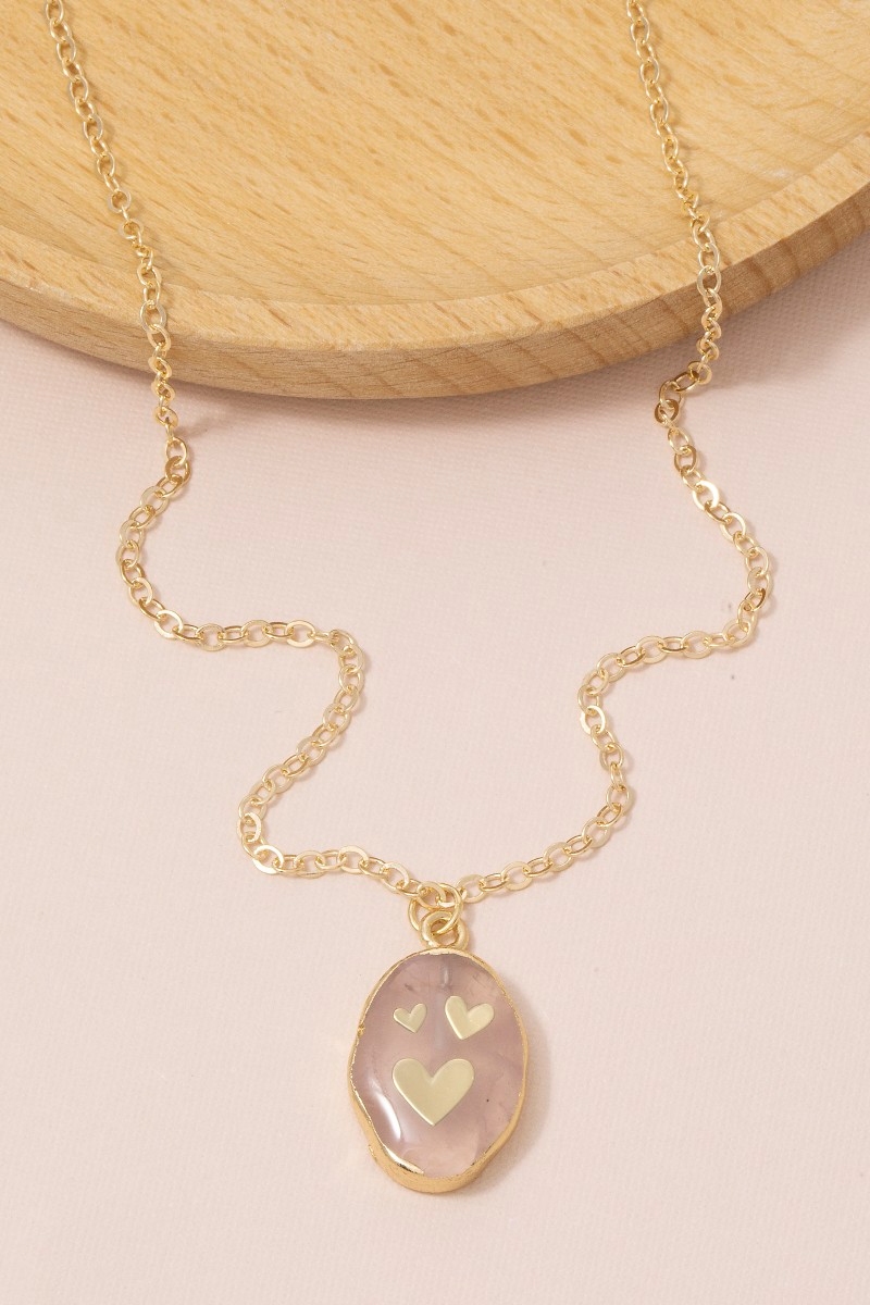 Rose Quartz Oval Heart Charm Pendant Necklace