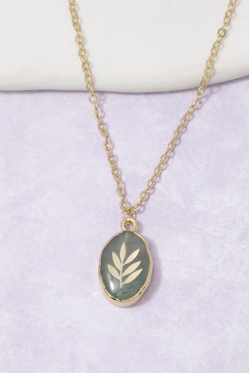 Botanical Leaf Inlay Oval Stone Pendant Necklace