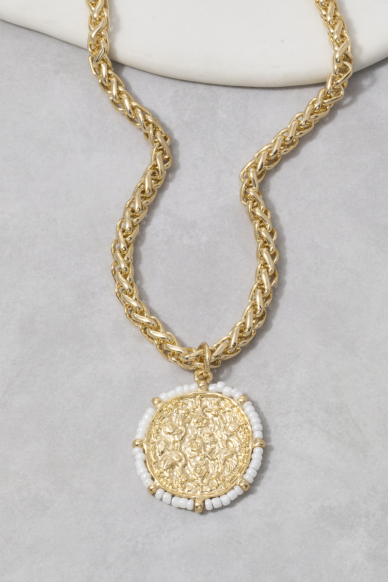 Hammered Coin Pendant Necklace With Seed Bead Rim