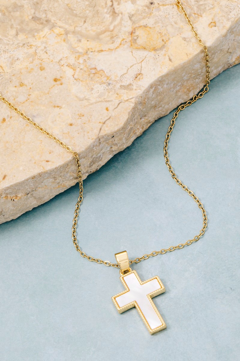 Stainless Steel Mother Of Pearl Cross Pendant Necklace