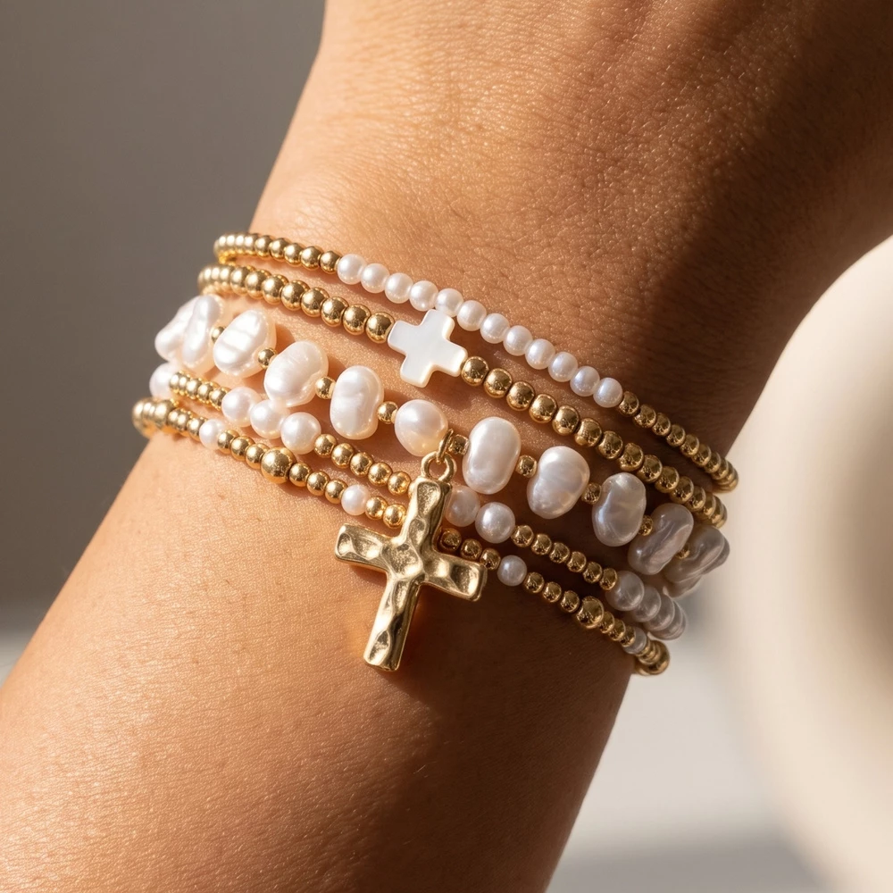 Pearl And Cross Charm Stretch Bracelet Set
