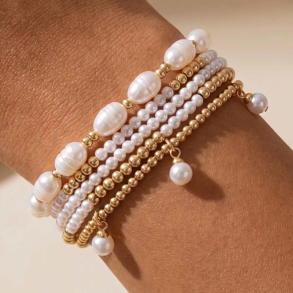Pearl Drop Charm Beaded Stretch Bracelet Set