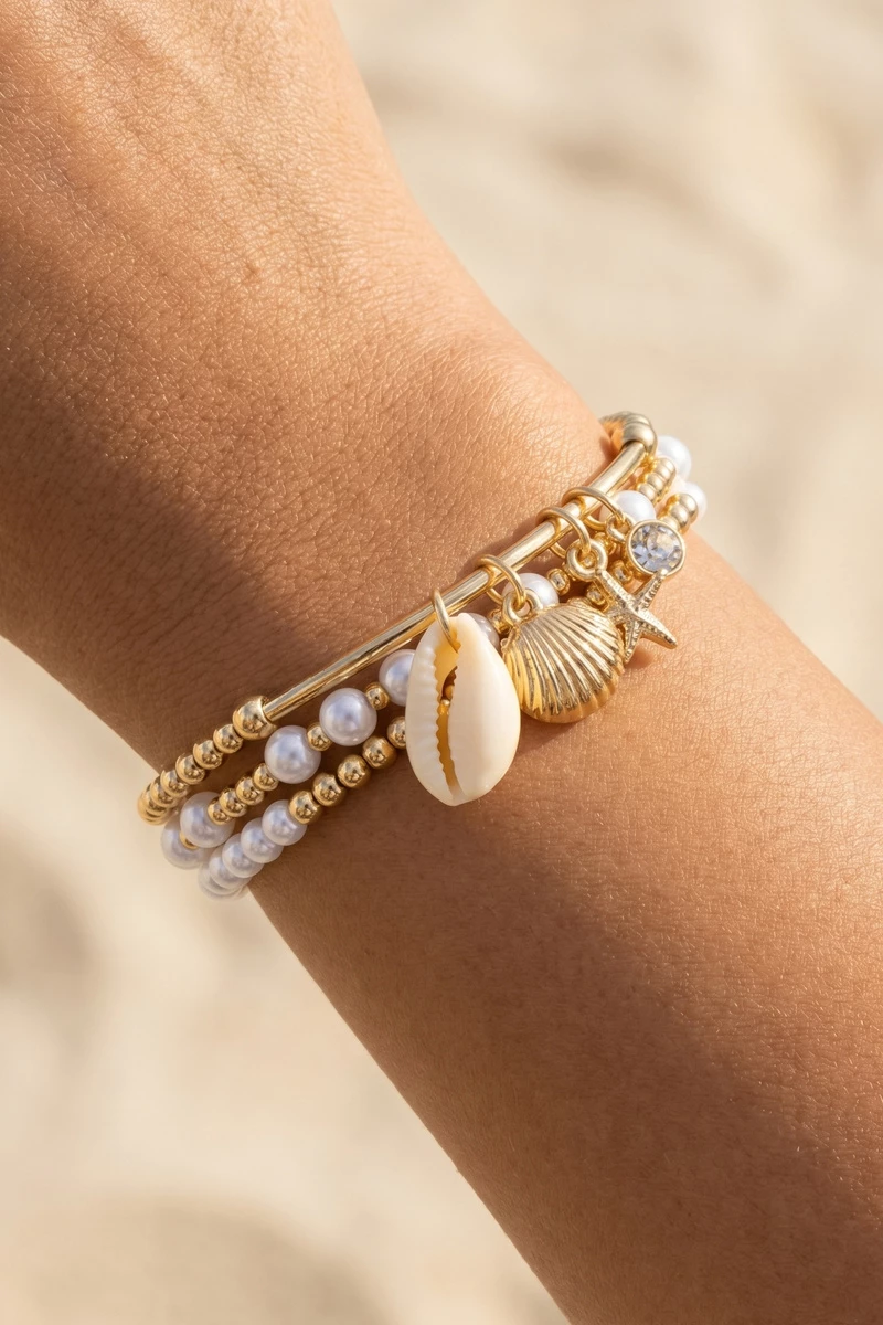 Shell Charm Beaded Stretch Bracelet Set