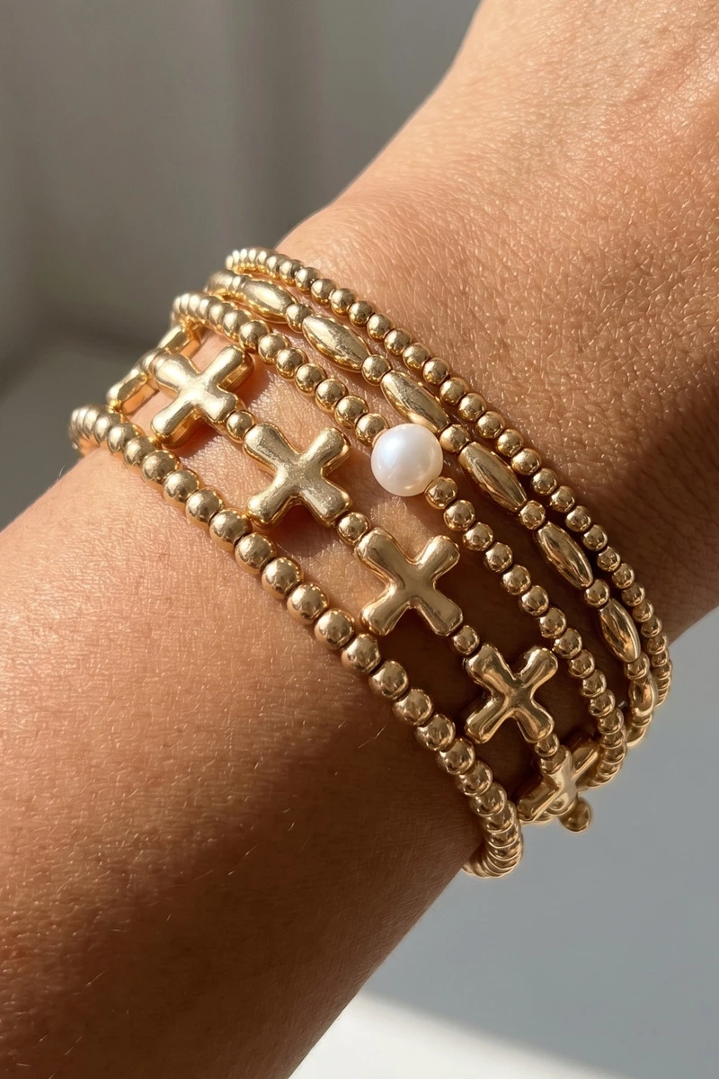 Cross Station Beaded Stretch Bracelet
