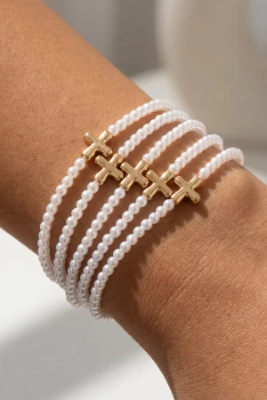 Pearl Strand Cross Bead Bracelet Set