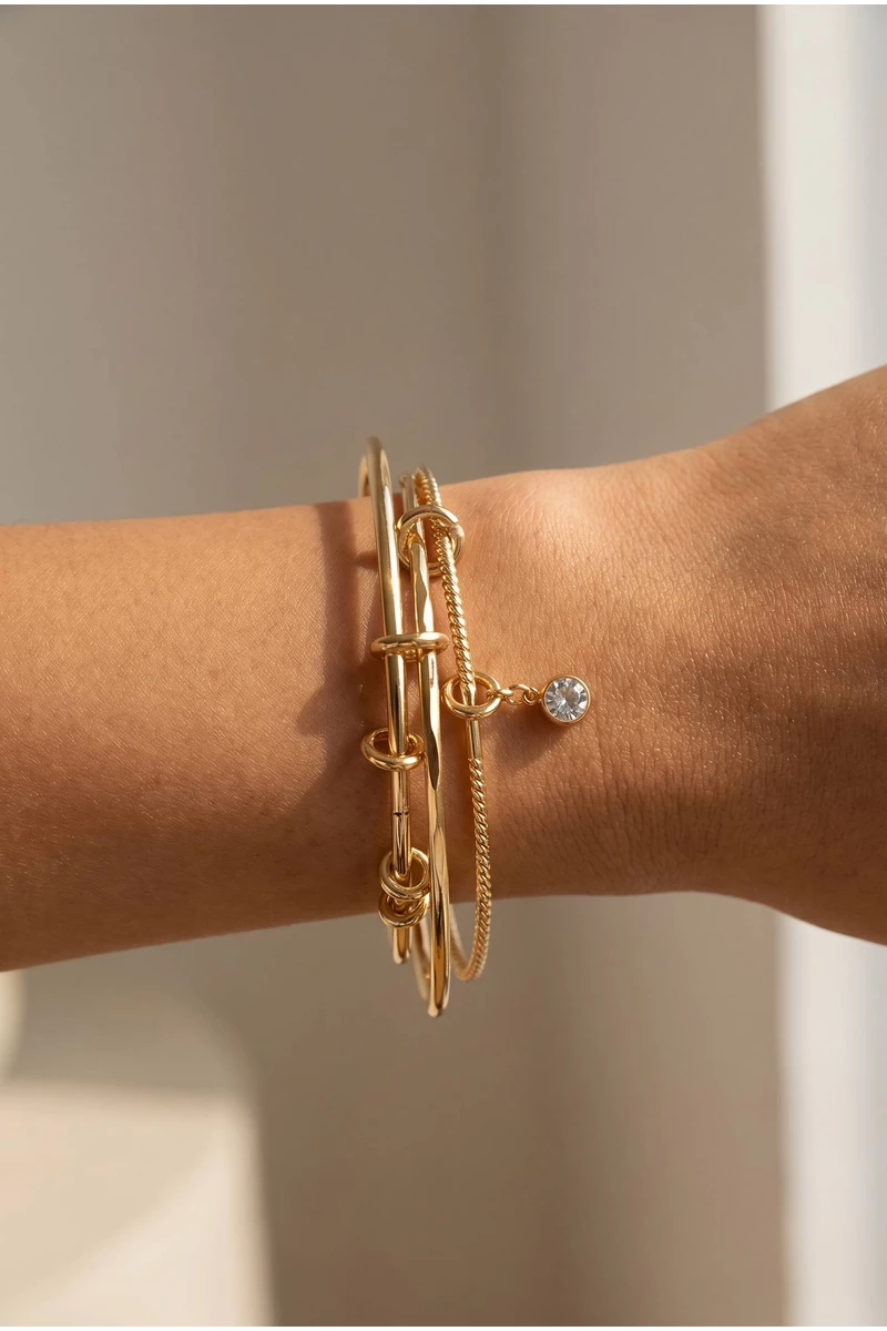 Three Piece Bangle Set With Cz Drop Charm