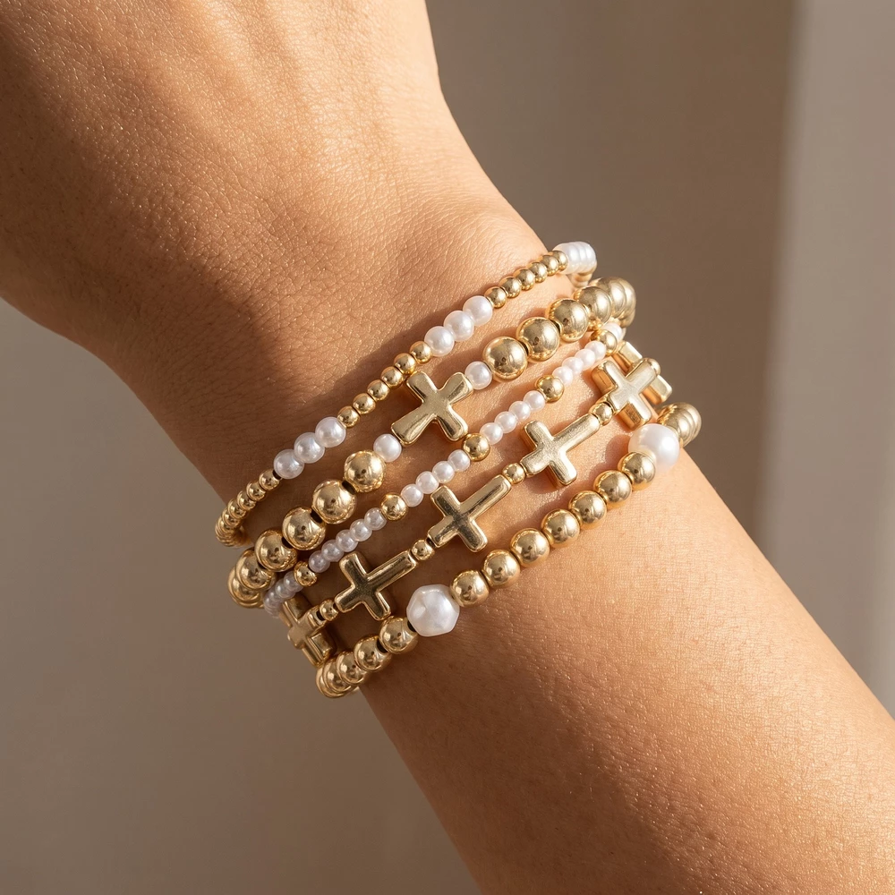 Five Piece Sideways Cross Pearl Bracelet Set