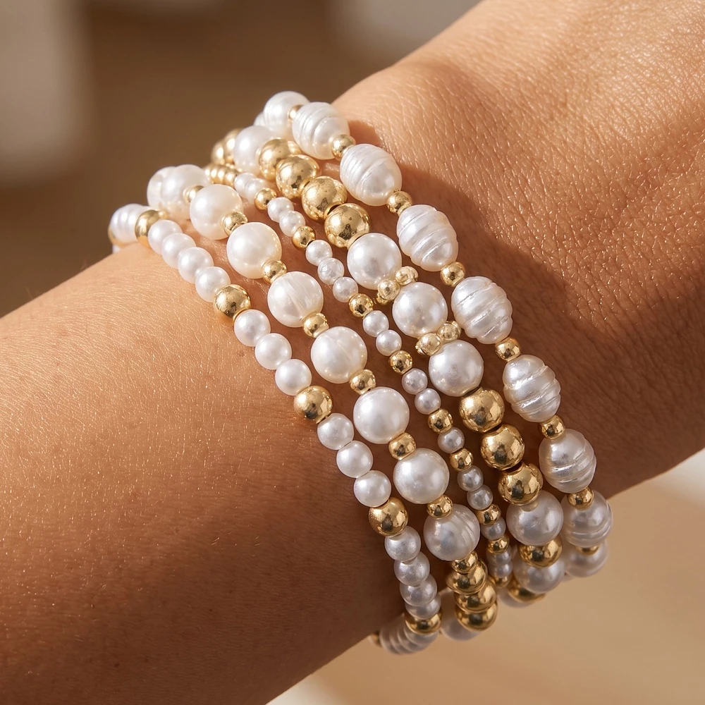 Five Piece Fluted Pearl Stretch Bracelet Set