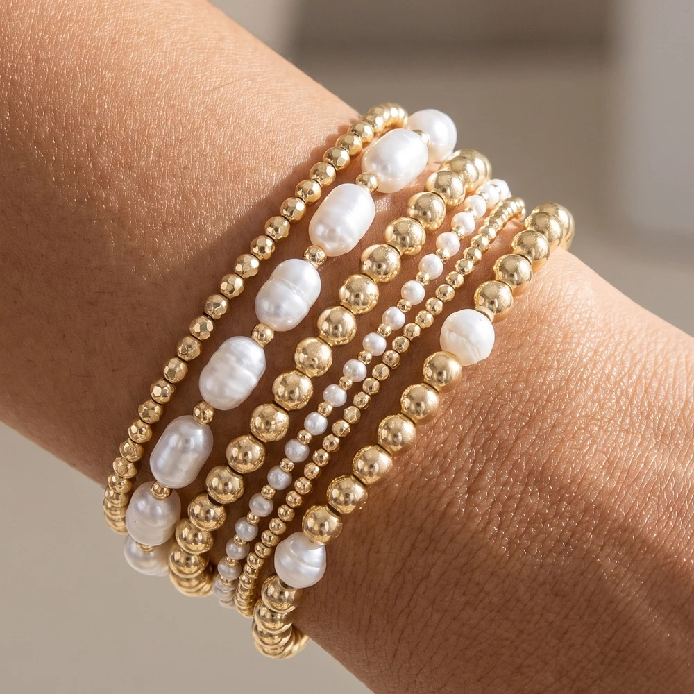 Five Piece Faceted Bead Rice Pearl Bracelet Set