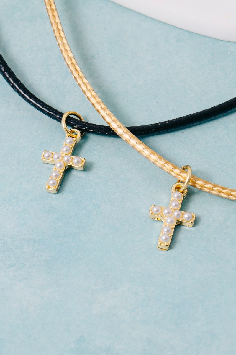 Mini Pearl Beaded Cross Cord Necklace