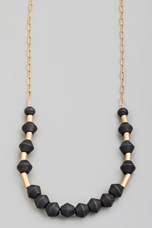 Wooden And Metallic Bead Long Chain Necklace