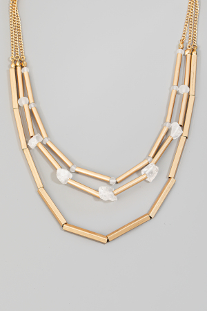 Stone And Metallic Tube Beaded Layered Chain Necklace