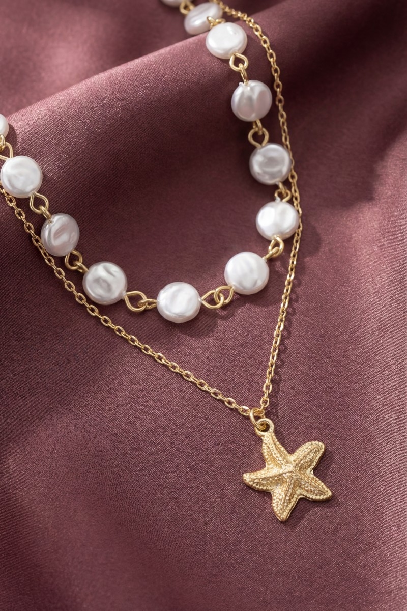 Starfish Pendant Pearl Discs Layered Chains Necklace
