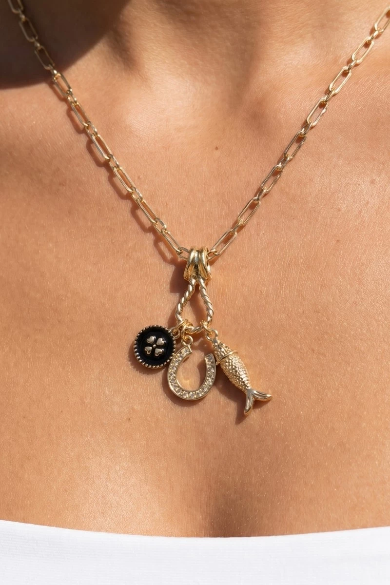 Fish Clover And Horse Shoe Charms Necklace