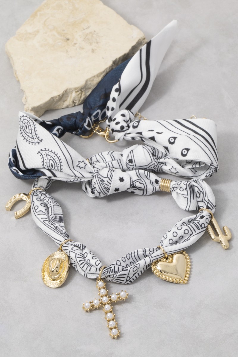 Western Heart And Pearl Cross Charms Bandana Necklace