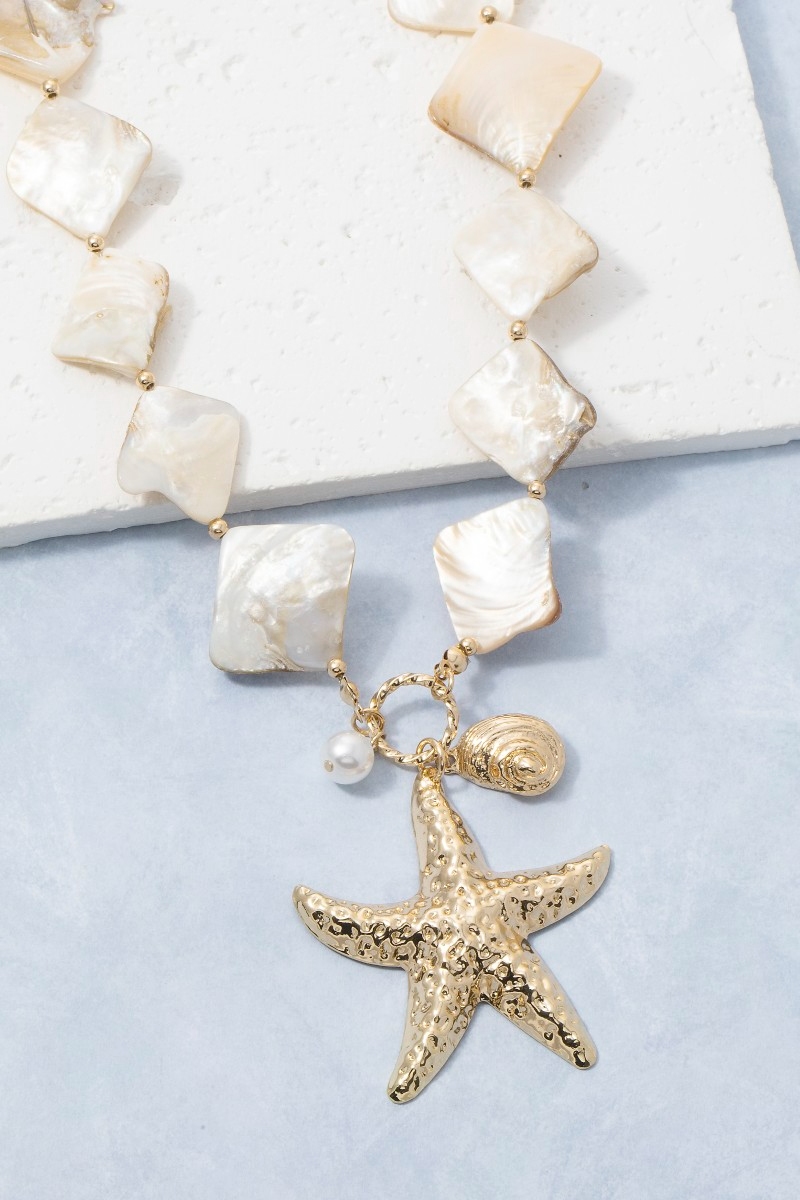 Gold Starfish & Pearl Drop Square Stone Necklace
