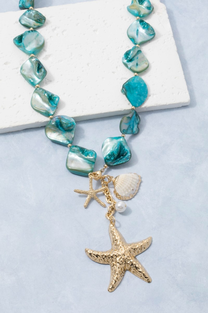 Gold Starfish & Sea Charm Drop Shell Stone Necklace