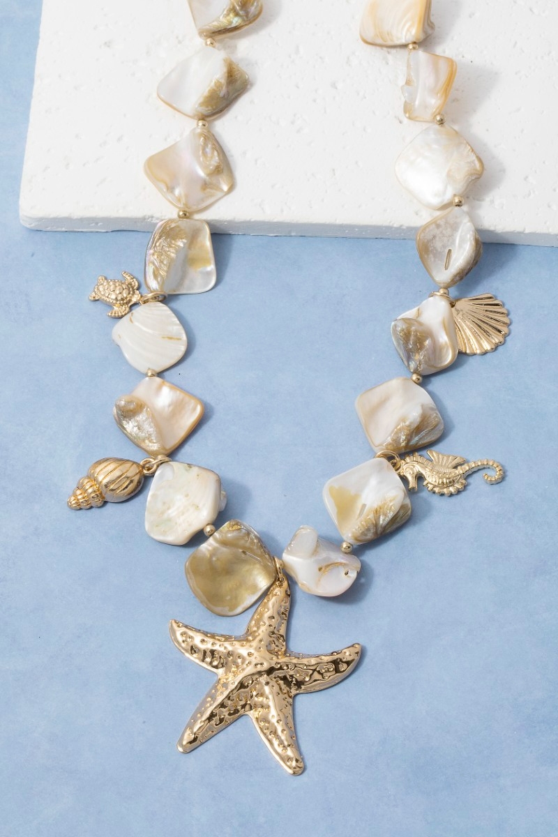 Gold Starfish & Coastal Charms Shell Stone Necklace