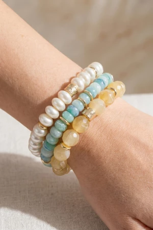 3 Strand Mixed Stone And Pearl Stretch Bracelet